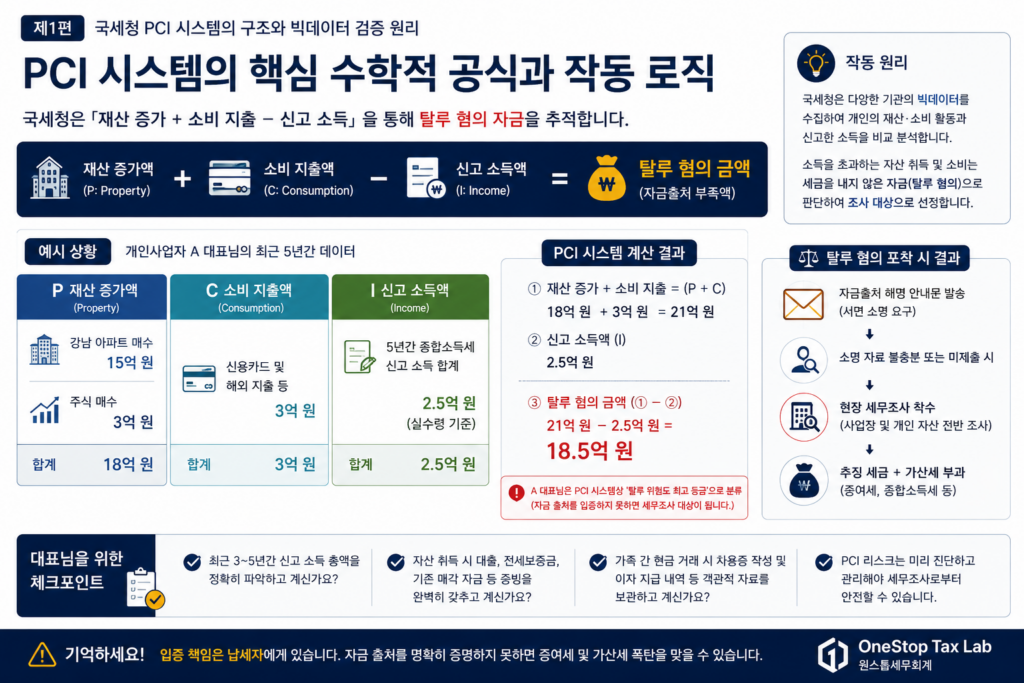 재산 증가와 소비 지출, 신고소득을 비교하여 자금출처 조사 대상 여부를 분석하는 PCI 시스템 예시