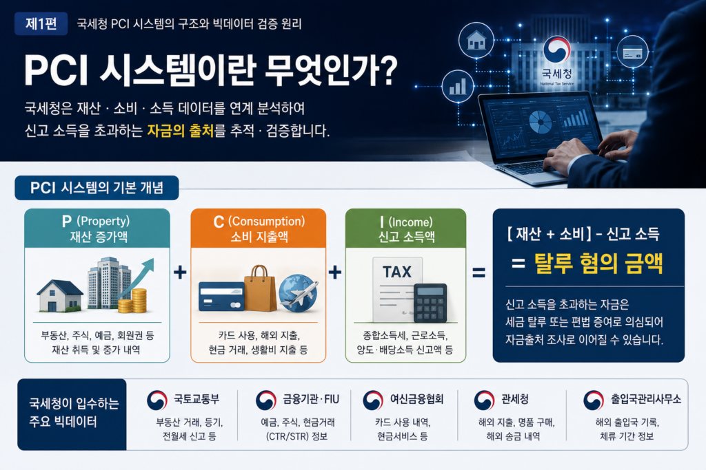 국세청 PCI 시스템이 재산(Property), 소비(Consumption), 소득(Income)을 종합 분석하는 구조를 설명하는 인포그래픽