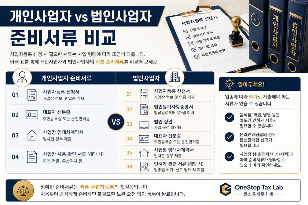 개인사업자와 법인사업자의 준비서류 차이 비교표