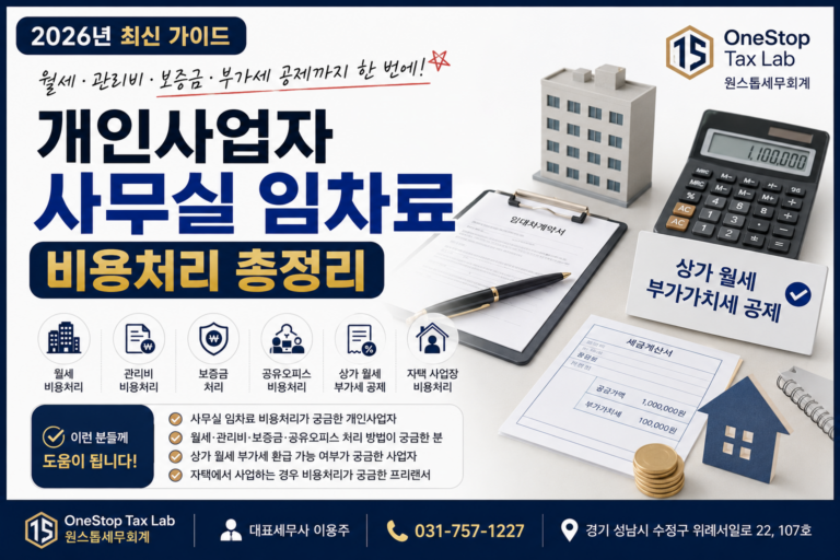 개인사업자 사무실 임차료 비용처리 총정리 2026년 최신, 월세·관리비·보증금·공유오피스 비용처리 기준을 설명하는 OneStop Tax Lab 대표 이미지