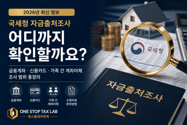 국세청 자금출처조사에서 금융계좌, 신용카드, 가족 간 계좌이체 등 조사 범위를 설명한 이미지