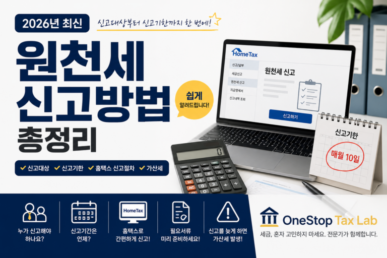 원천세 신고방법과 신고대상, 신고기한, 홈택스 신고절차를 설명하는 OneStop Tax Lab 대표이미지
