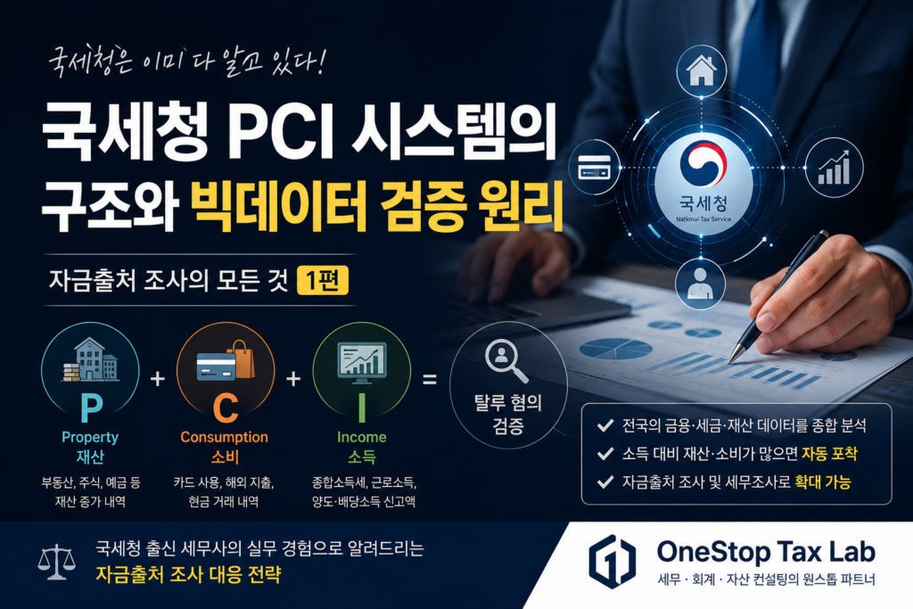 국세청 PCI 시스템의 구조와 자금출처 조사 빅데이터 검증 원리를 설명하는 인포그래픽
