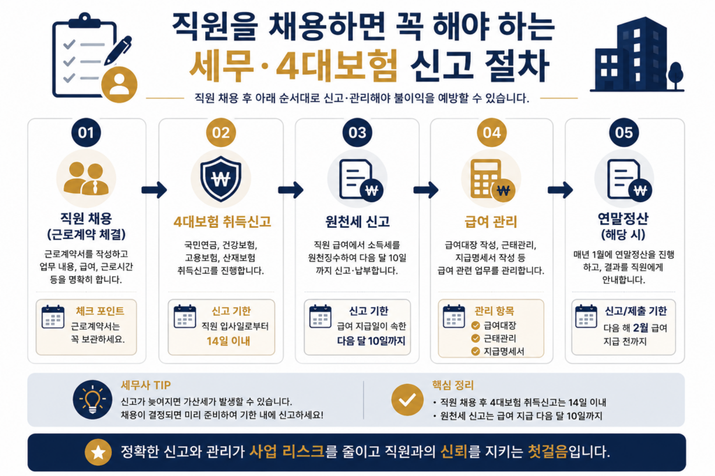 직원을 채용하면 꼭 해야 하는 세무와 4대 보험 신고 절차를 보여주는 인포그래픽