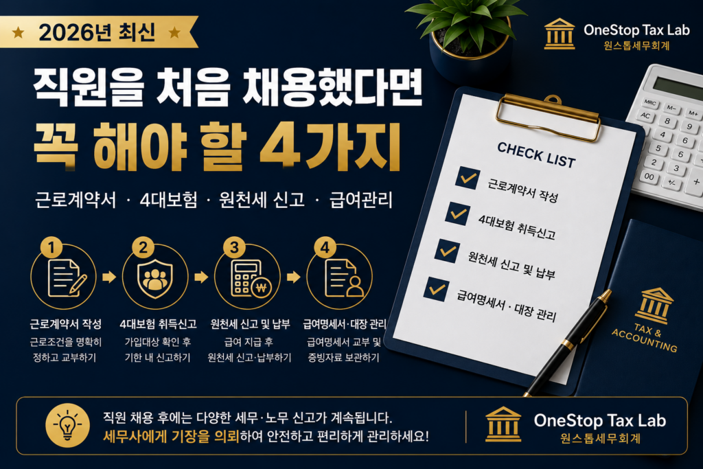 직원을 처음 채용한 사업자가 반드시 알아야 하는 근로계약서 작성, 4대보험 취득신고, 원천세 신고 절차를 정리한 대표이미지