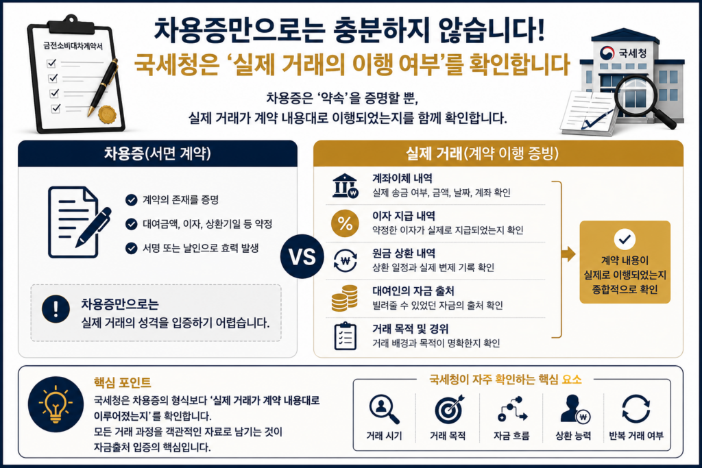 차용증과 실제 거래 이행 비교