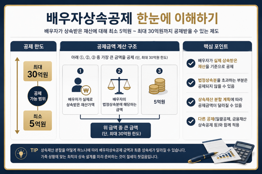 배우자상속공제의 개념과 공제한도를 설명하는 인포그래픽