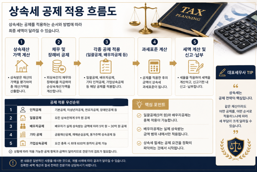 상속세 일괄공제와 배우자공제 적용 순서 및 상속세 계산 흐름