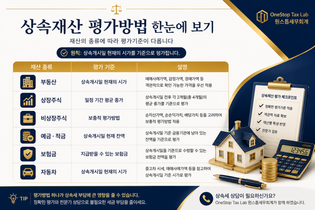 상속재산 종류별 평가기준을 정리한 인포그래픽