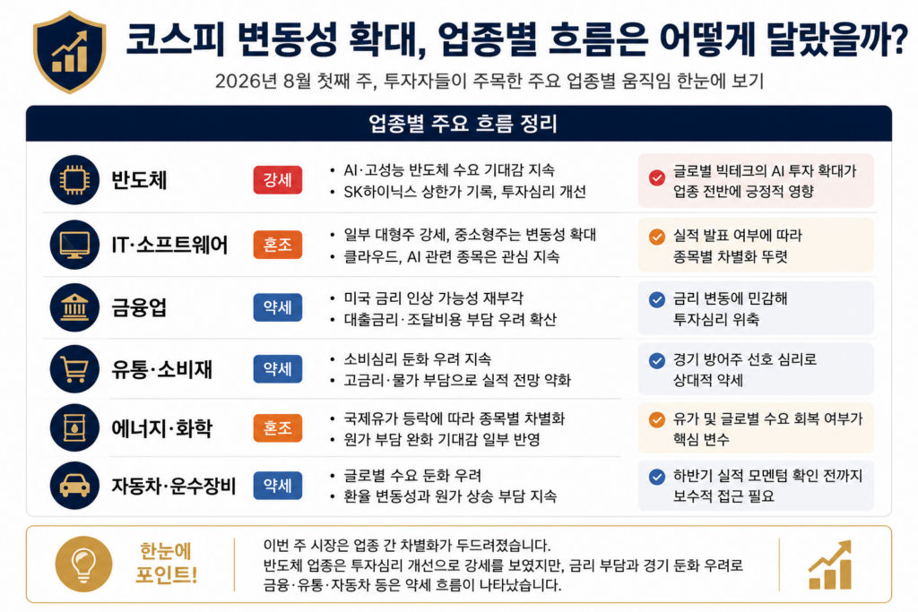코스피 변동성과 반도체 업종 강세를 설명하는 인포그래픽
